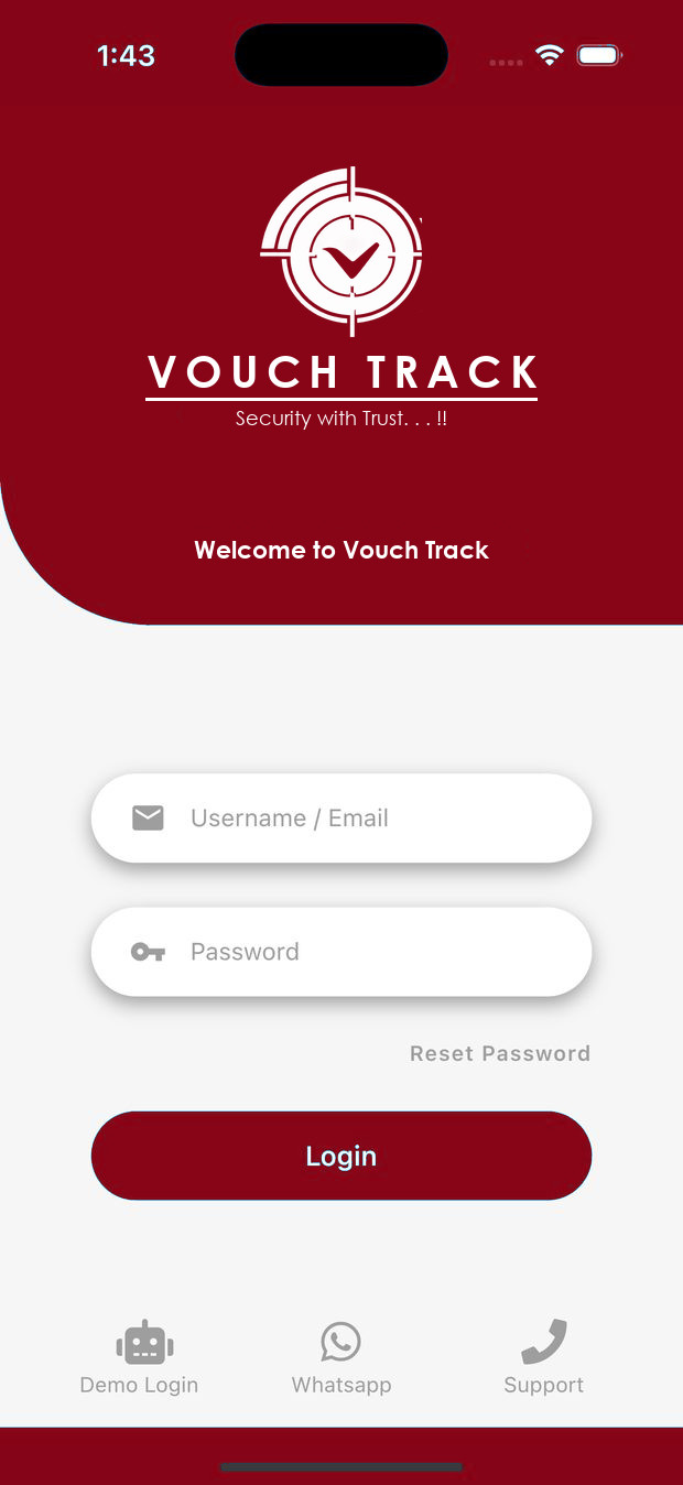 VouchTrack app login screen with demo login, WhatsApp and support shortcuts