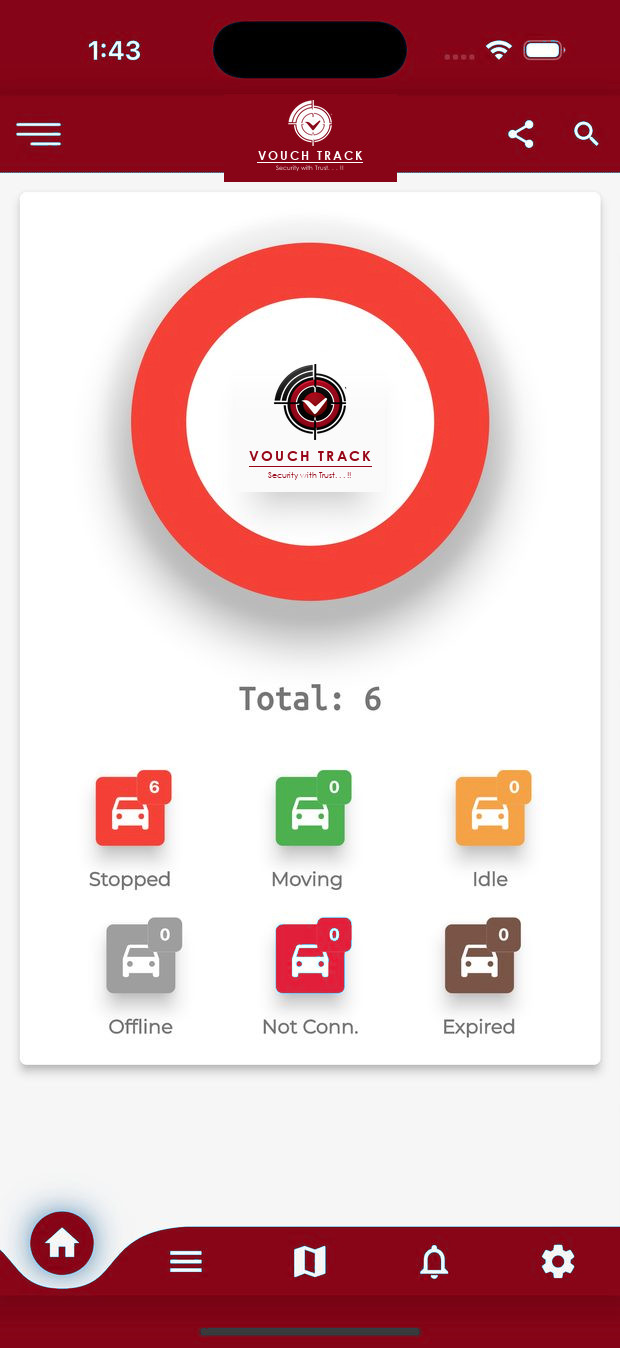 VouchTrack fleet dashboard showing total vehicles and status tiles