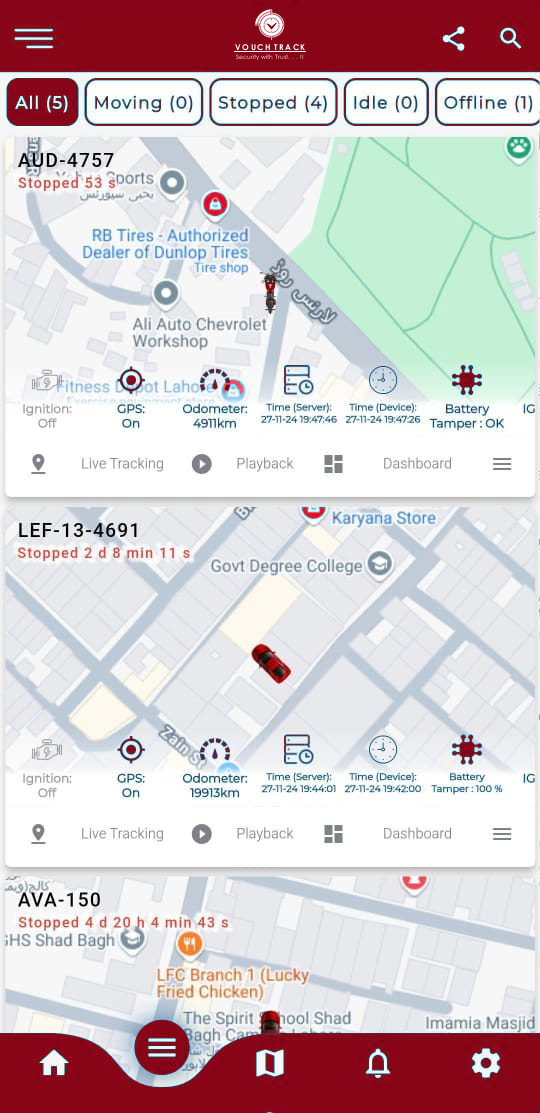 VouchTrack vehicle list with ignition, GPS, odometer and battery telemetry