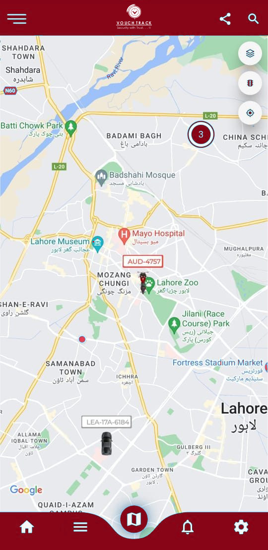 VouchTrack app showing tracked vehicles on a map of Lahore