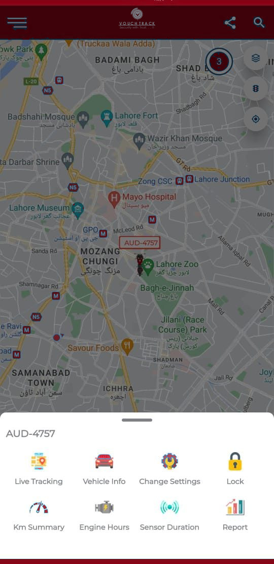 VouchTrack vehicle actions: live tracking, vehicle info, settings, lock, reports